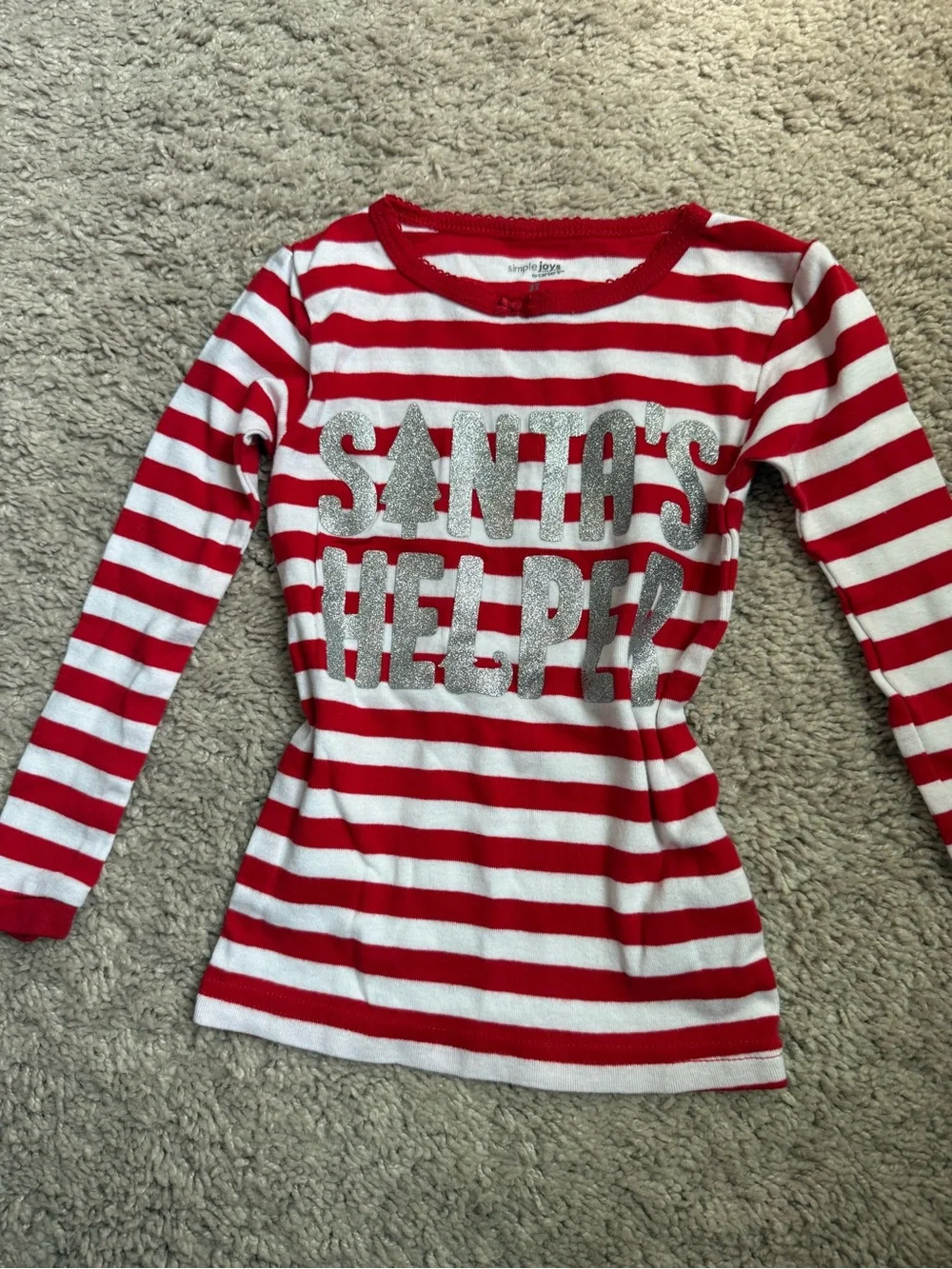 Red & White Striped Kids Pajama Set with 'Santa's Helper' Glitter Print